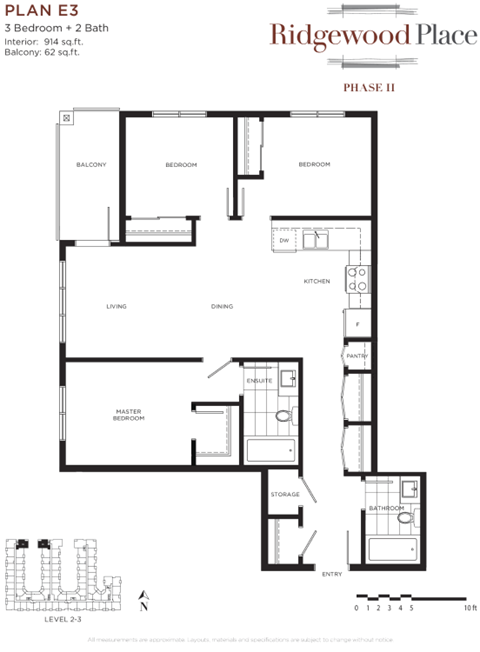 Floor plan for 3 beds, 2 baths, 914 sqft